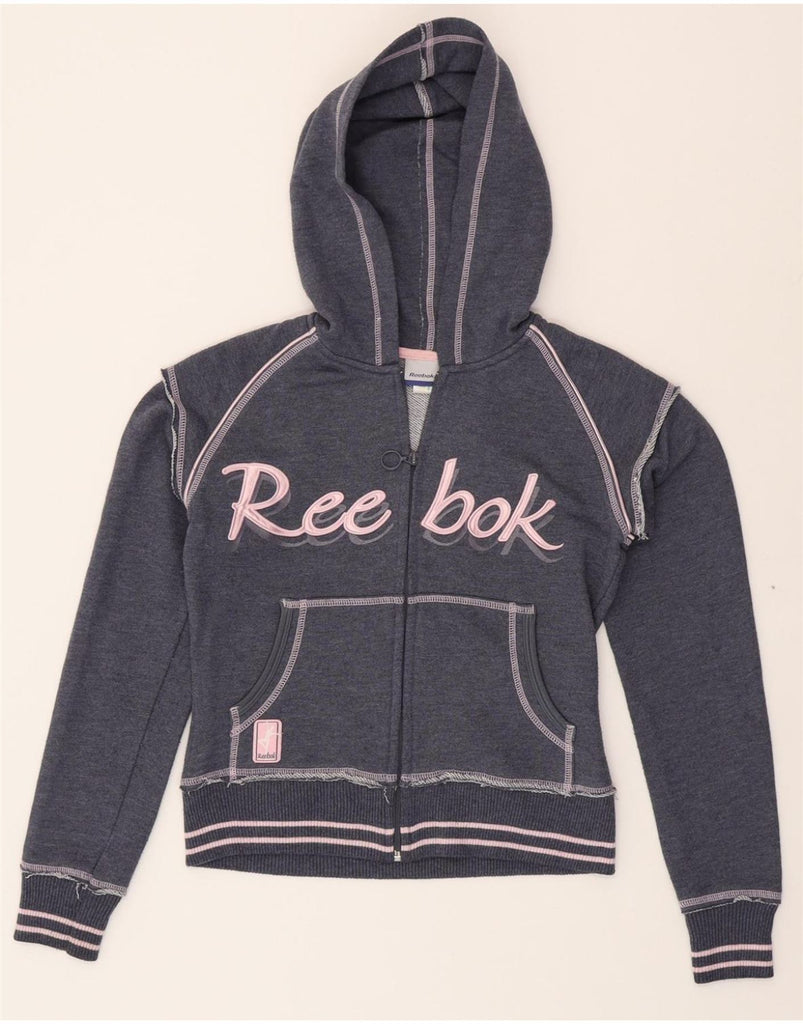 REEBOK Womens Graphic Zip Hoodie Sweater UK 10 Small Blue Polyester Vintage Reebok and Second-Hand Reebok from Messina Hembry 