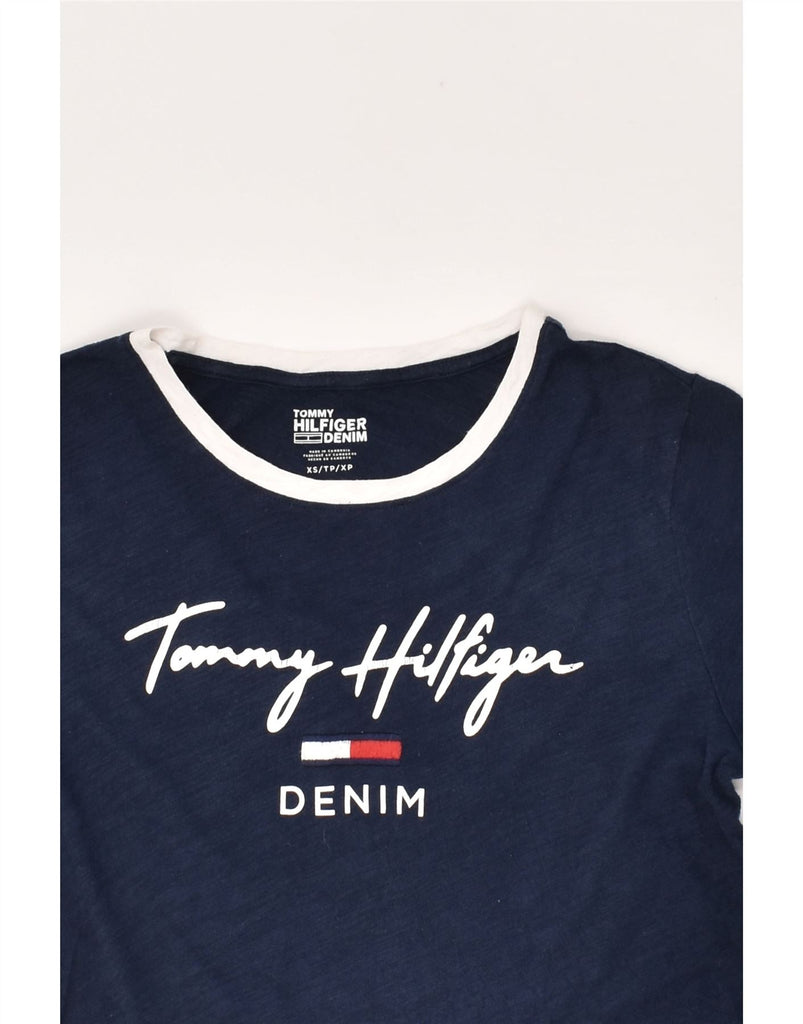 TOMMY HILFIGER Womens Graphic T-Shirt Top UK 6 XS Navy Blue Cotton | Vintage Tommy Hilfiger | Thrift | Second-Hand Tommy Hilfiger | Used Clothing | Messina Hembry 