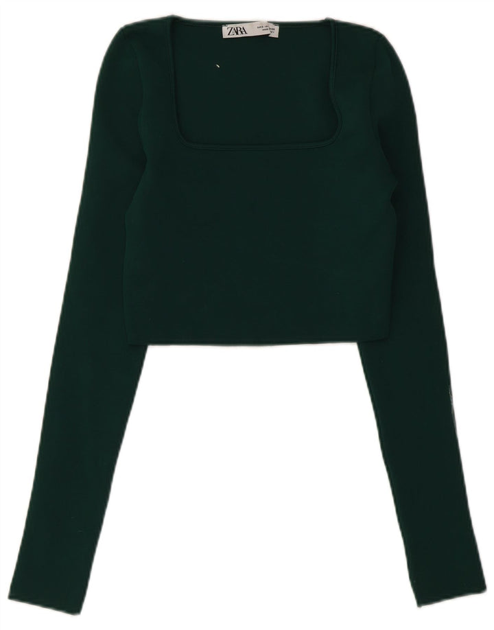Zara Womens Crop Top Long Sleeve UK 8 Small Green Polyester