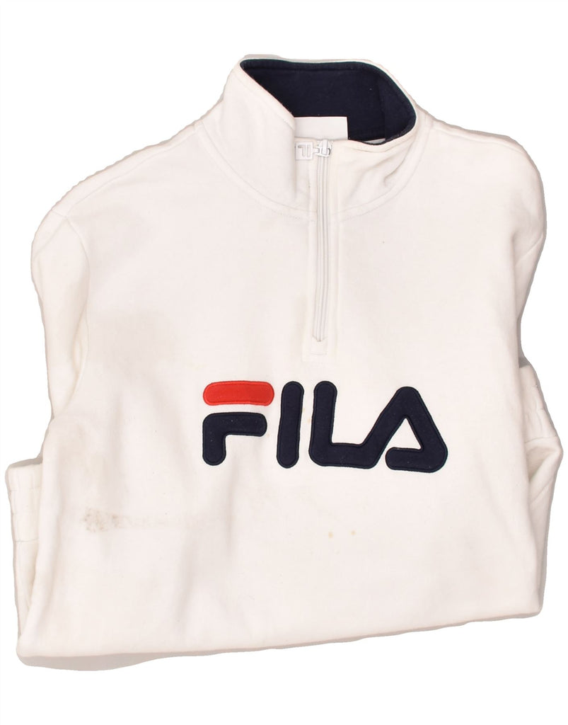 FILA Mens Graphic Zip Neck Sweatshirt Jumper Small White Cotton | Vintage Fila | Thrift | Second-Hand Fila | Used Clothing | Messina Hembry 