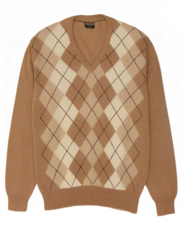WESTBURY Mens V-Neck Jumper Sweater IT 52/54 Large Beige Argyle/Diamond
