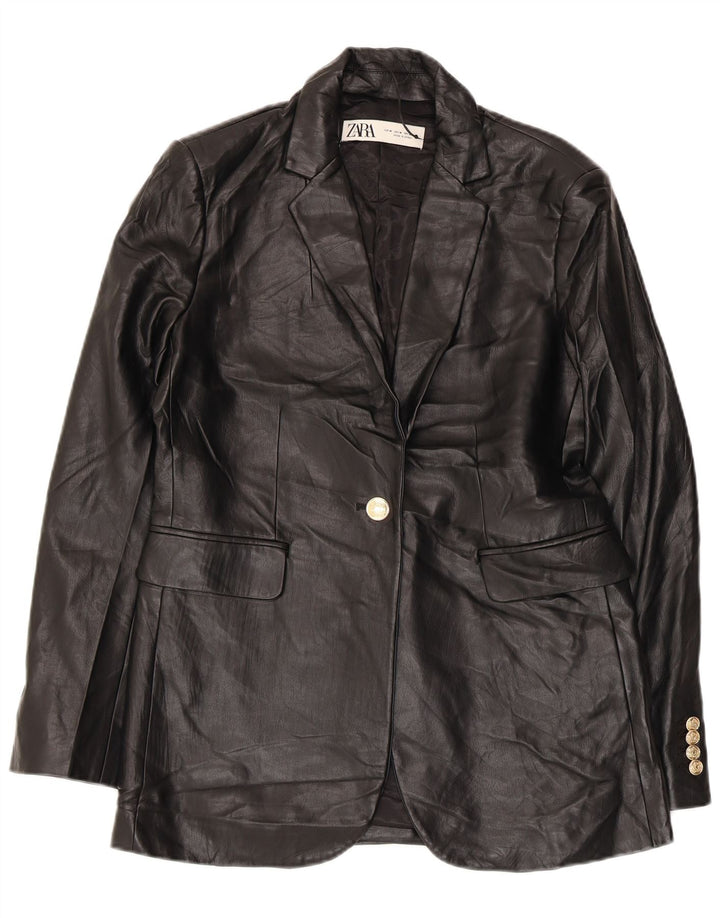 Zara Womens 1 Button Faux Leather Blazer Jacket UK 14 Medium Black