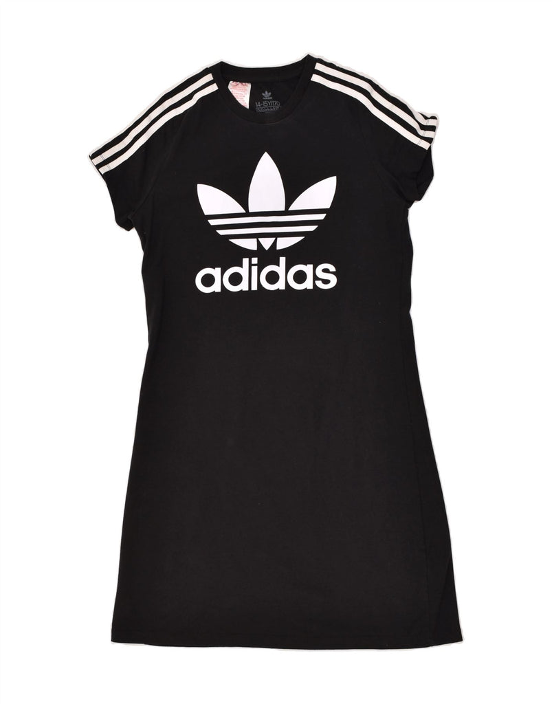ADIDAS Girls Graphic T-Shirt Dress 14-15 Years Black Cotton | Vintage Adidas | Thrift | Second-Hand Adidas | Used Clothing | Messina Hembry 