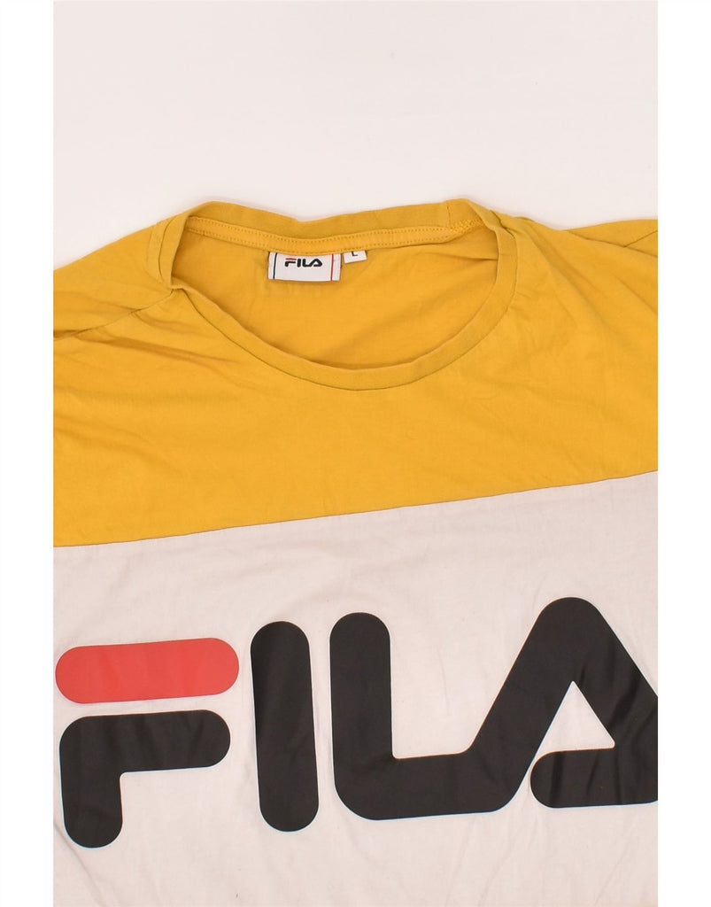 FILA Mens Graphic T-Shirt Top Large Yellow Colourblock Cotton | Vintage Fila | Thrift | Second-Hand Fila | Used Clothing | Messina Hembry 