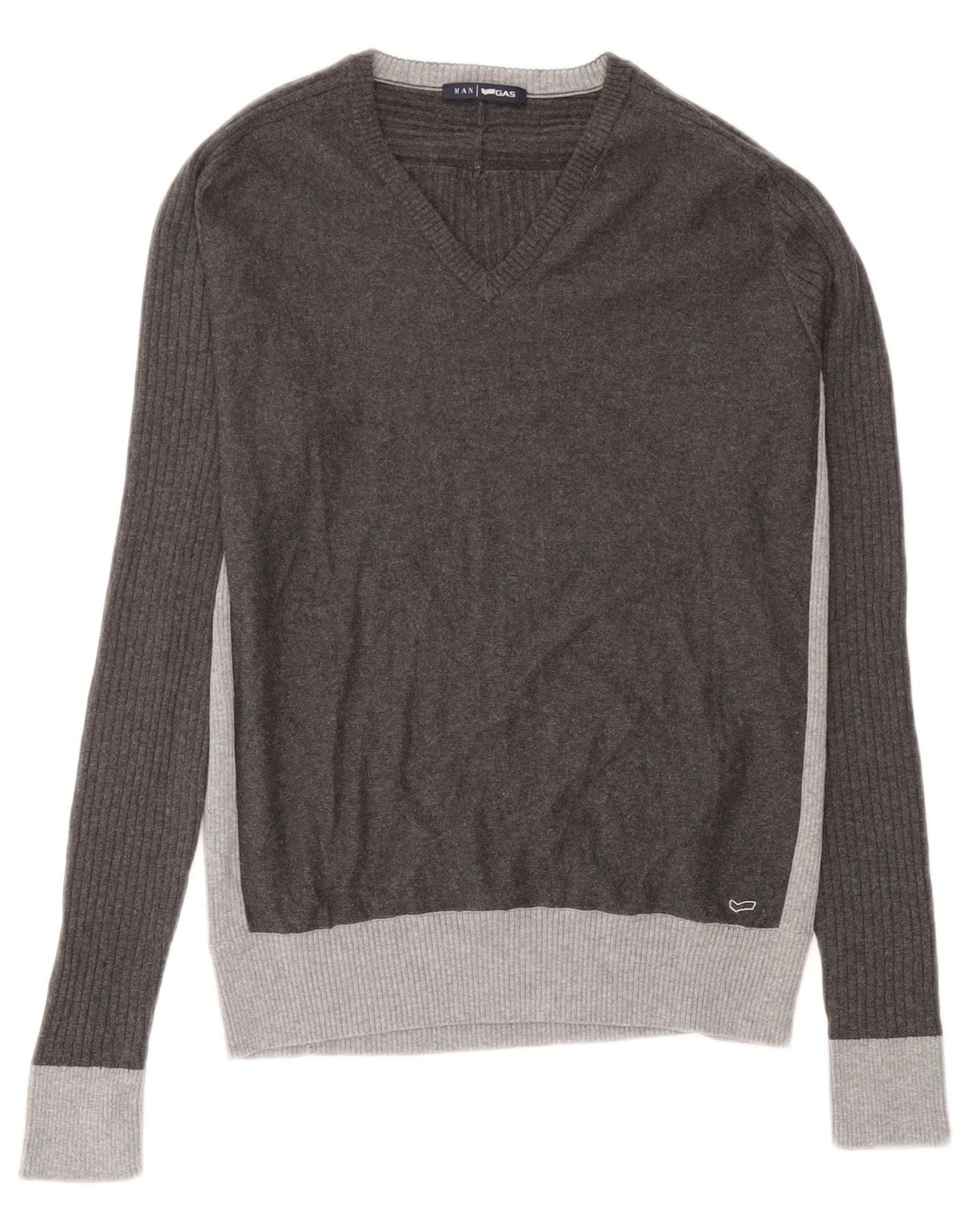 Gas Mens V-Neck Jumper Sweater Medium Grey Colourblock Cotton