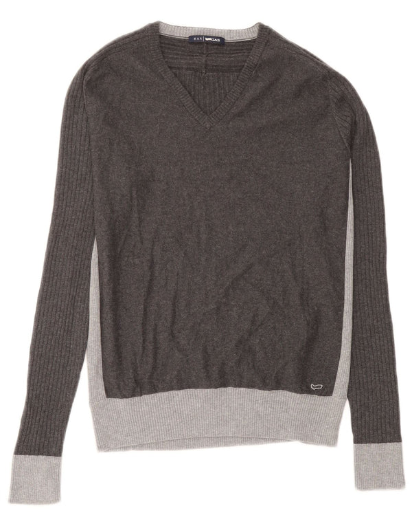 Gas Mens V-Neck Jumper Sweater Medium Grey Colourblock Cotton