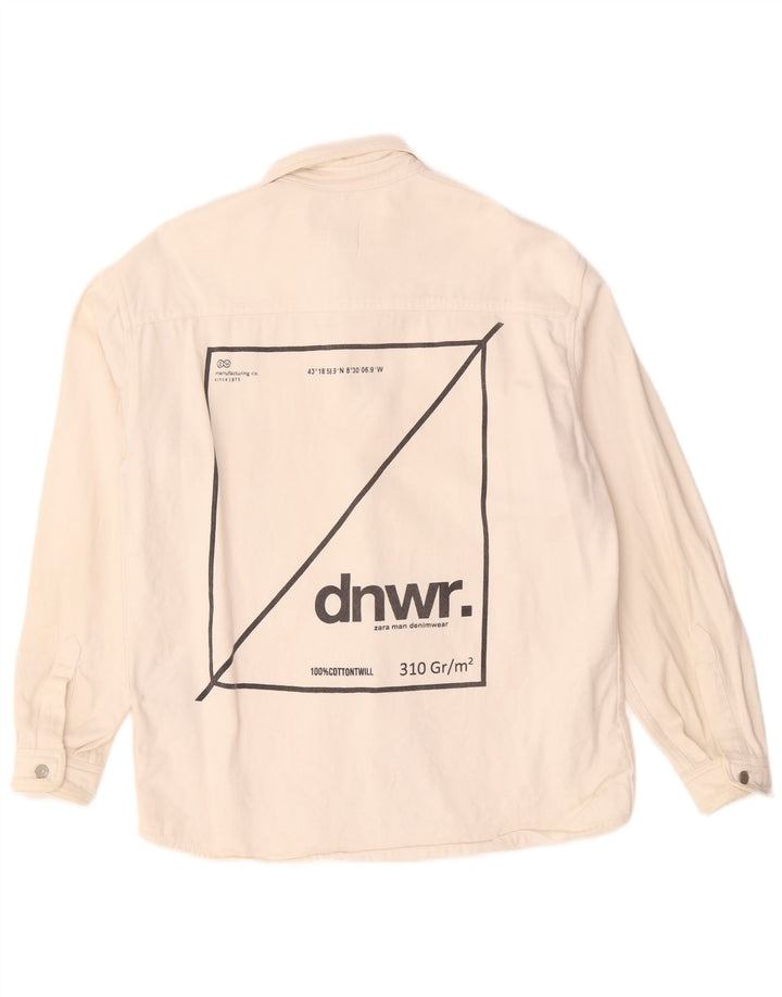 Zara Mens Graphic Relaxed Fit Denim Shirt Medium White Cotton