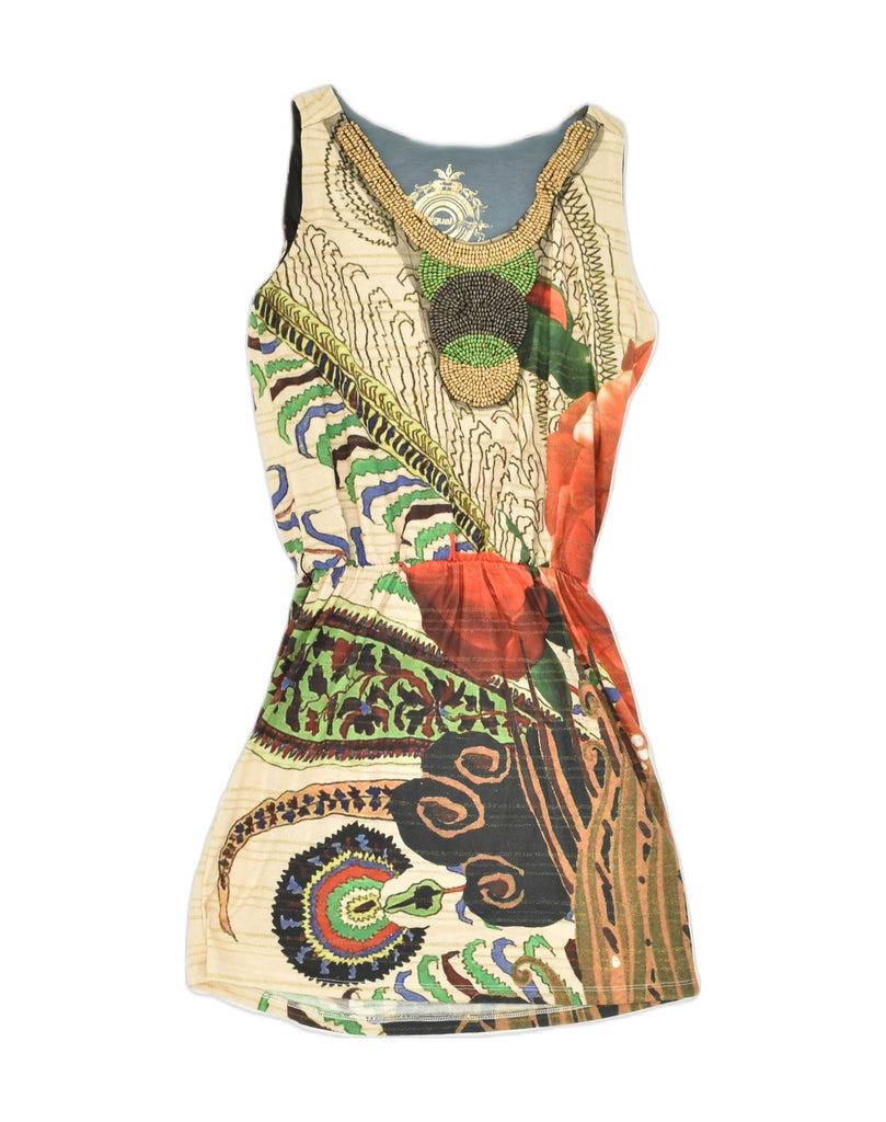 DESIGUAL Womens Sleeveless Drop Waist Dress UK 12 Medium Beige Floral | Vintage Desigual | Thrift | Second-Hand Desigual | Used Clothing | Messina Hembry 