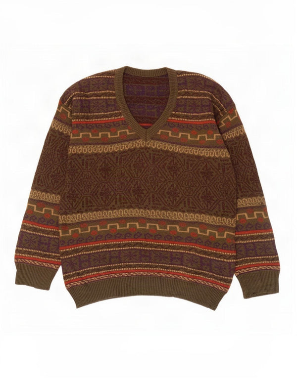 Vintage Mens V-Neck Jumper Sweater IT 50 Medium Green Fair Isle Wool