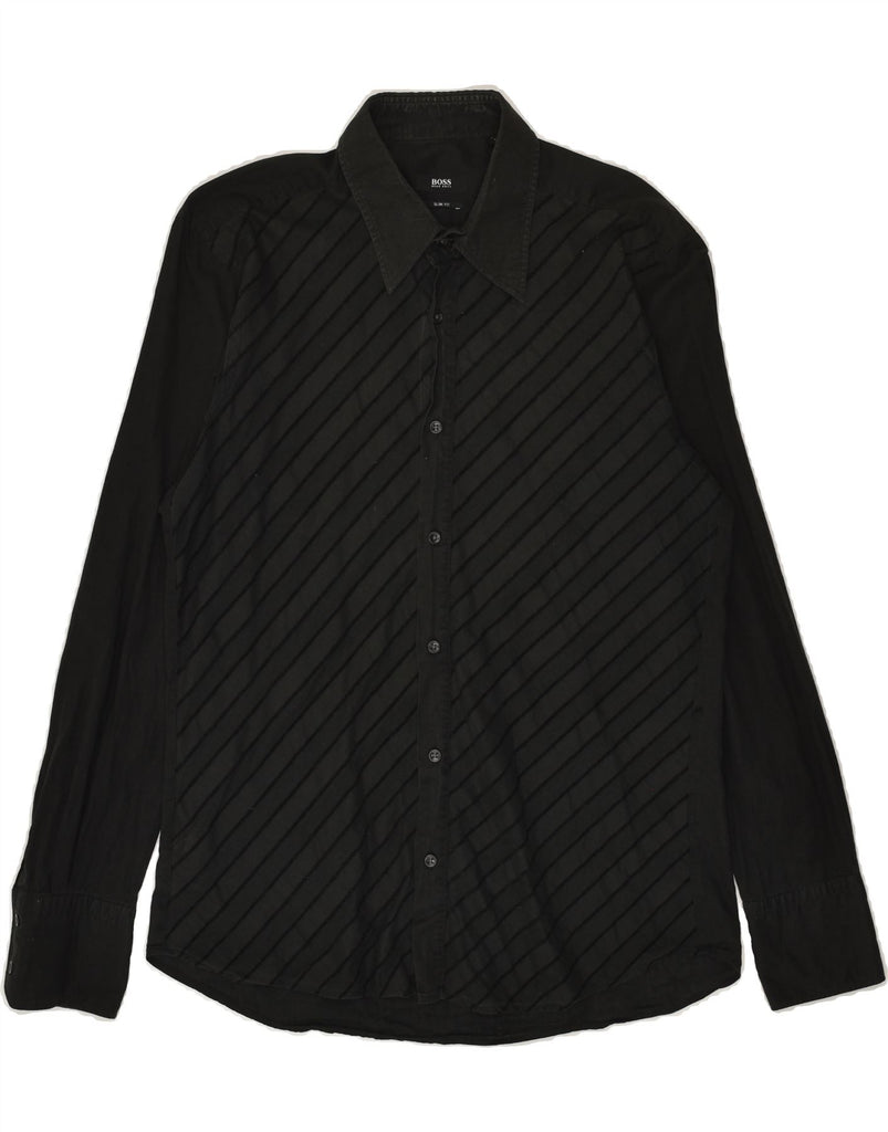 HUGO BOSS Mens Slim Fit Shirt Size 41/42 Large Black Striped Cotton | Vintage Hugo Boss | Thrift | Second-Hand Hugo Boss | Used Clothing | Messina Hembry 