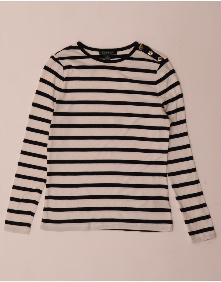 RALPH LAUREN Womens Top Long Sleeve UK 12 Medium White Striped Cotton