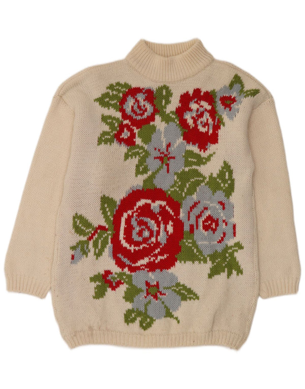 VINTAGE Womens Longline Turtle Neck Jumper Sweater UK 18 XL White Floral