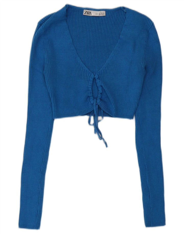 Zara Womens Long Sleeve Crop Top UK 10 Small Blue Viscose