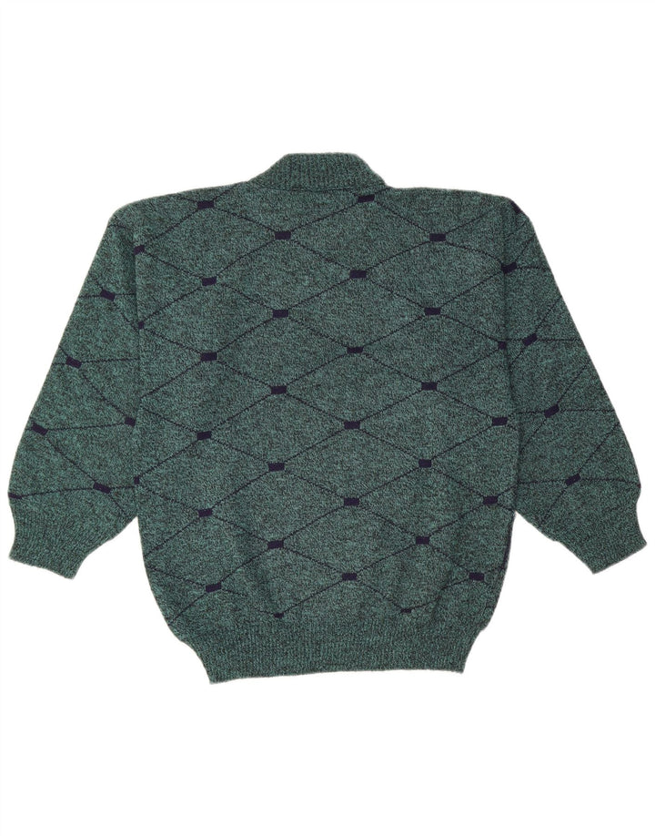 Vintage Mens Turtle Neck Jumper Sweater Medium Green Argyle/Diamond Wool