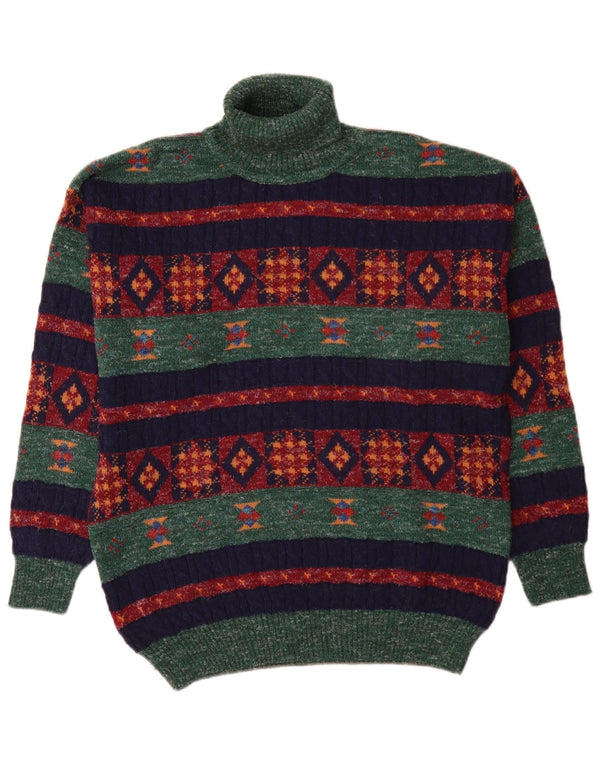 Vintage Mens Roll Neck Jumper Sweater Medium Green Geometric Alpaca Wool
