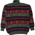 Vintage Mens Roll Neck Jumper Sweater Medium Green Geometric Alpaca Wool