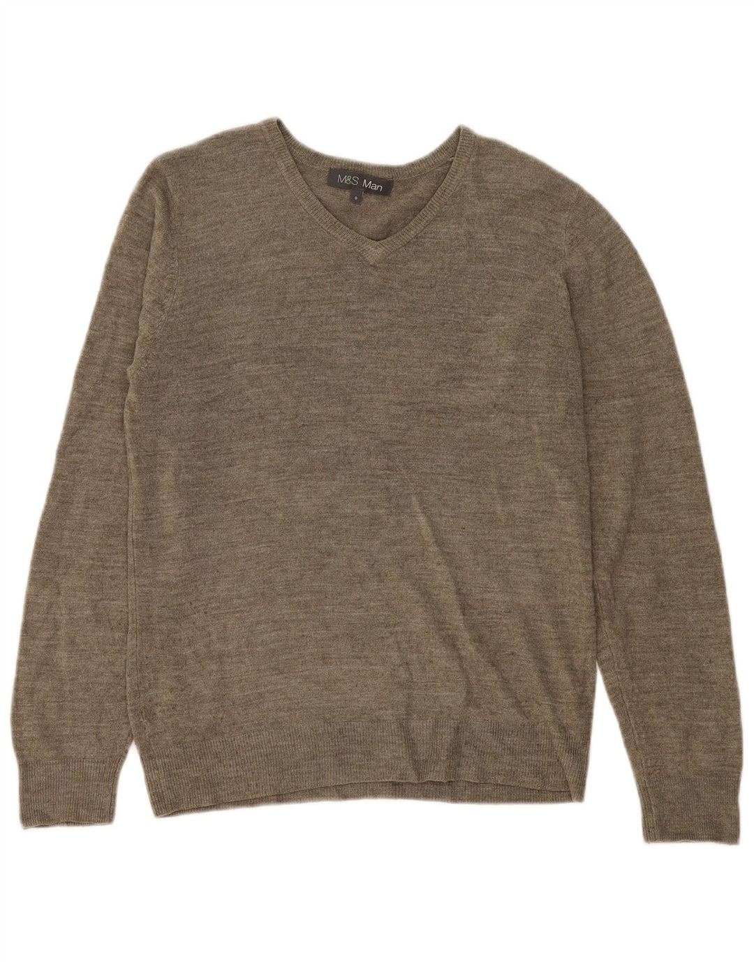 Marks & Spencer Mens V-Neck Jumper Sweater Small Khaki Flecked Acrylic