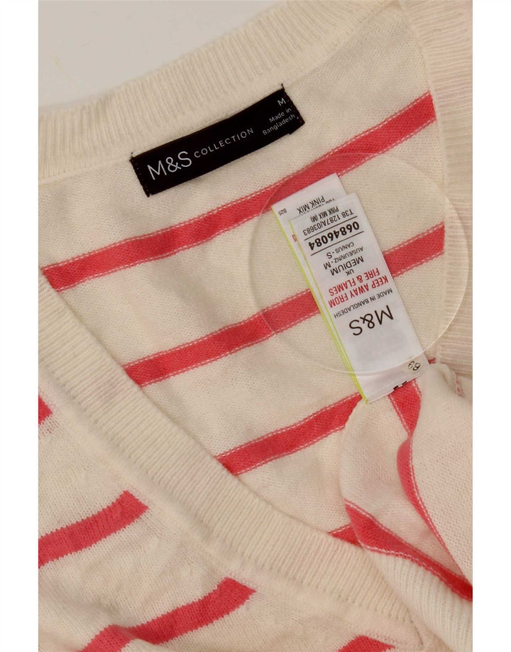Marks & Spencer Womens V-Neck Jumper Sweater UK 14 Medium Pink Striped