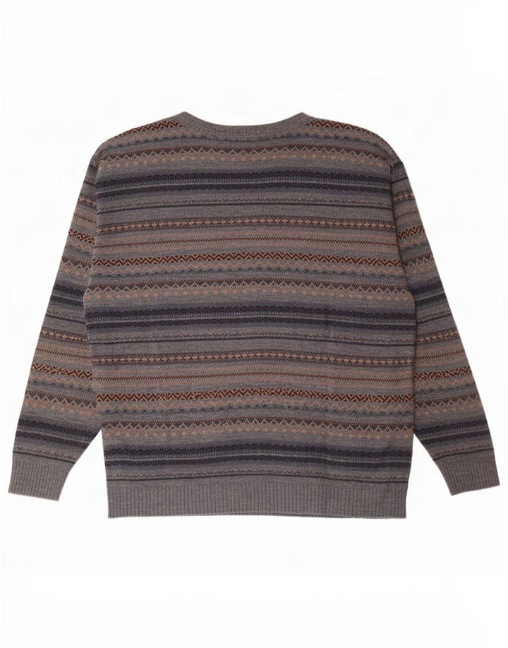 Vintage Mens Boat Neck Jumper Sweater Medium Grey Fair Isle Acrylic