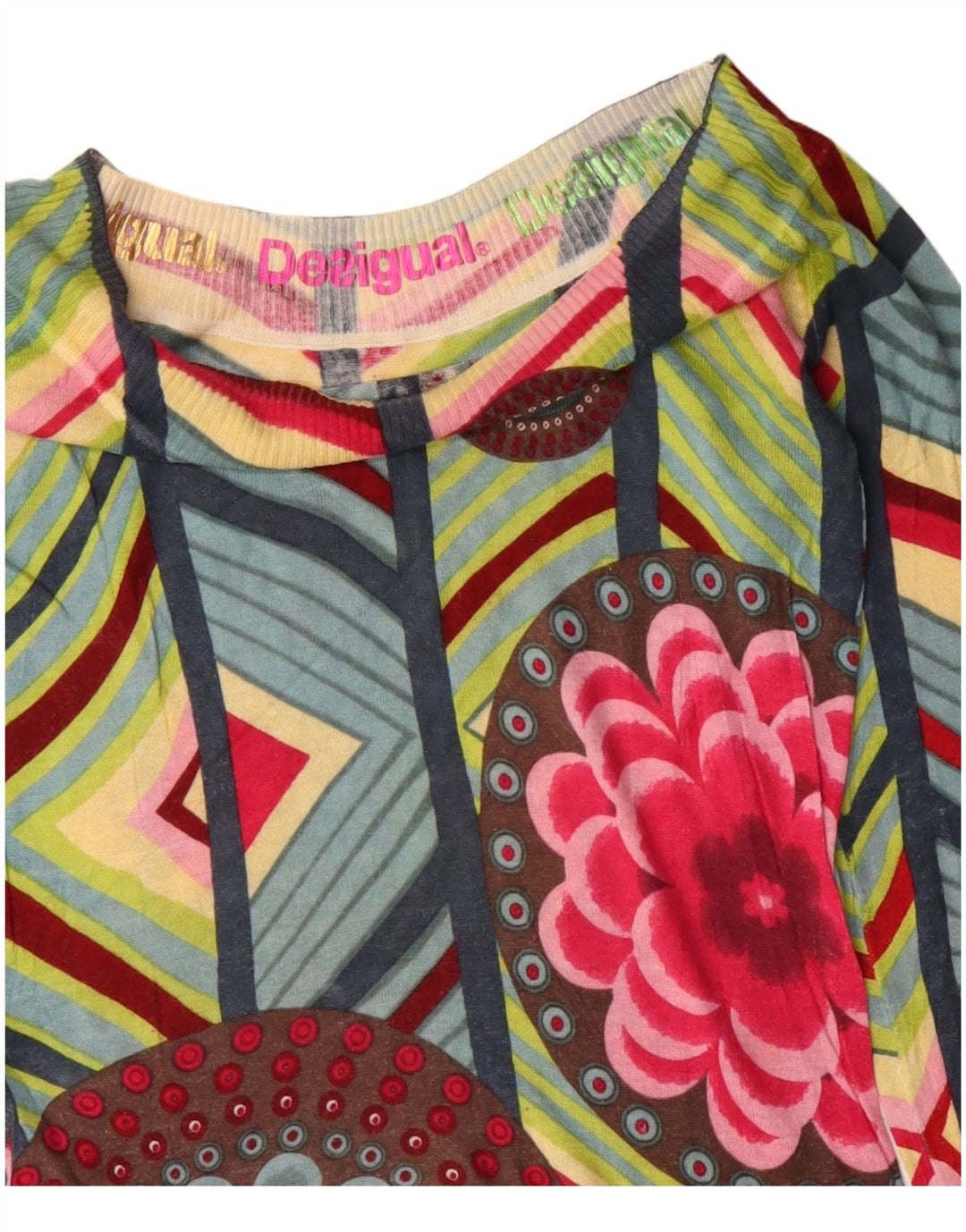 Desigual Womens Boat Neck Jumper Sweater UK 12 Medium Green Geometric