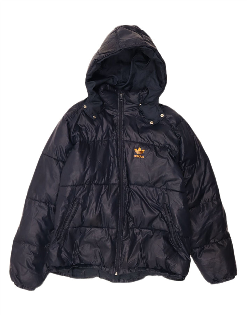 ADIDAS Mens Oversized Hooded Padded Jacket UK 38 Medium Navy Blue Vintage Adidas and Second-Hand Adidas from Messina Hembry 