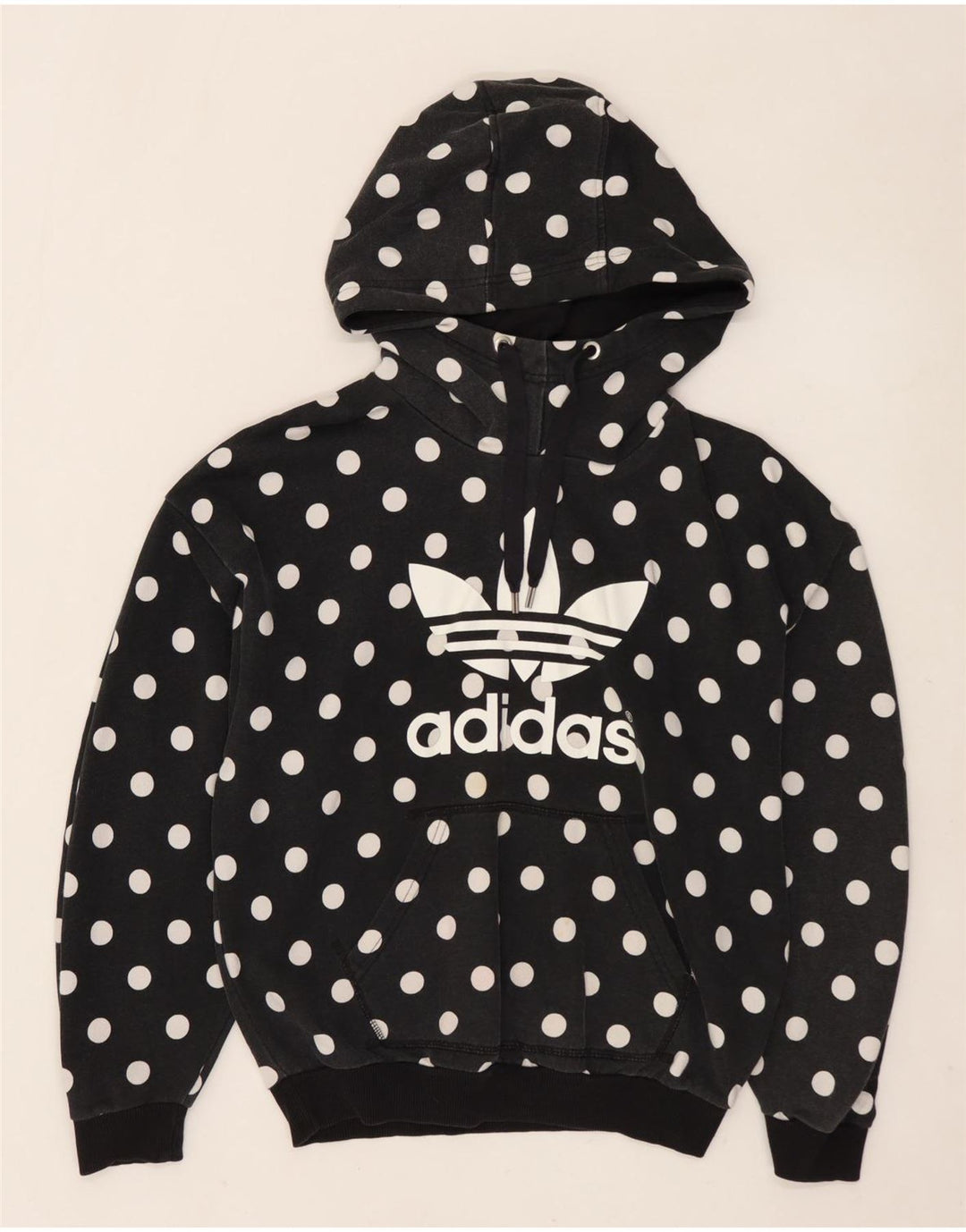 ADIDAS Womens Graphic Oversized Hoodie Jumper UK 8 Small Black Polka Dot