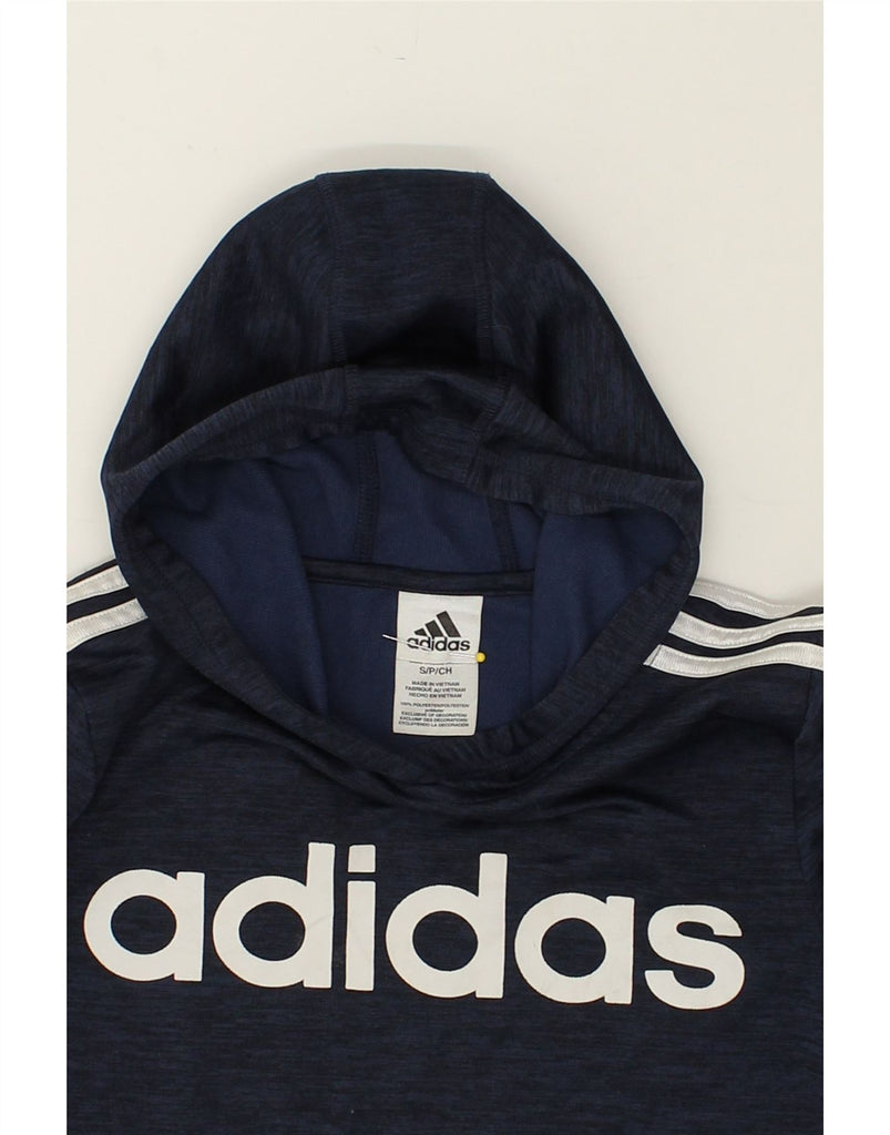 ADIDAS Boys Graphic Hoodie Jumper 8-9 Years Small Navy Blue Flecked Cotton | Vintage Adidas | Thrift | Second-Hand Adidas | Used Clothing | Messina Hembry 