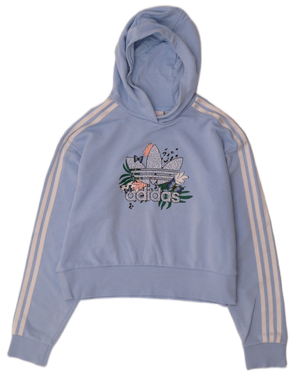ADIDAS Girls Her Crop Graphic Hoodie Jumper 14-15 Years Blue Floral Cotton