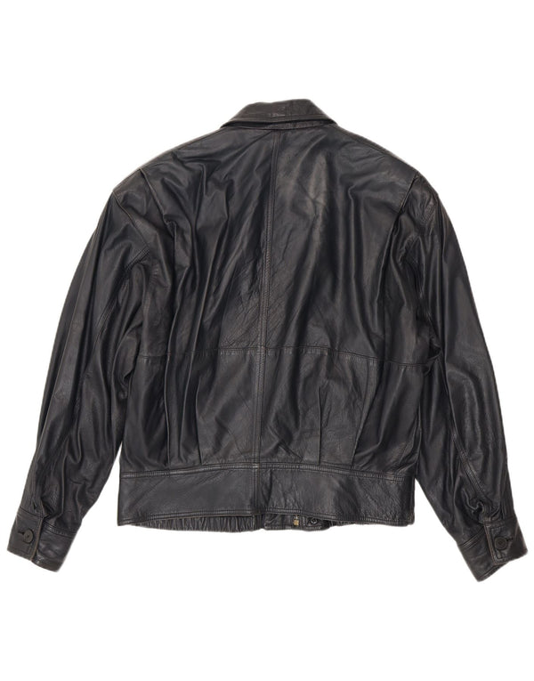 La Matta Mens Bomber Leather Jacket UK 38 Medium Navy Blue Leather