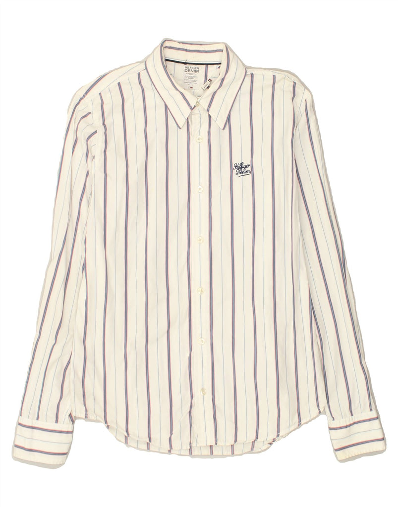 TOMMY HILFIGER Mens Shirt Medium White Striped Cotton | Vintage Tommy Hilfiger | Thrift | Second-Hand Tommy Hilfiger | Used Clothing | Messina Hembry 