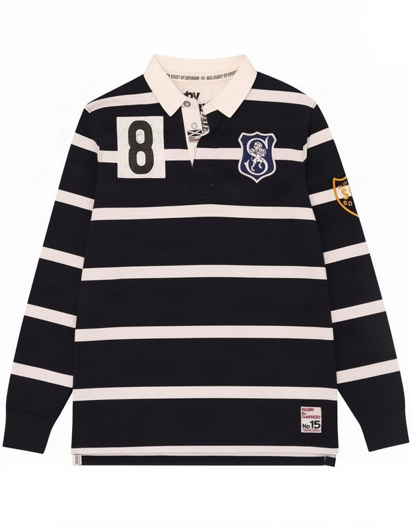 Superdry Mens Scotland Graphic Rugby Polo Shirt Medium Navy Blue Striped