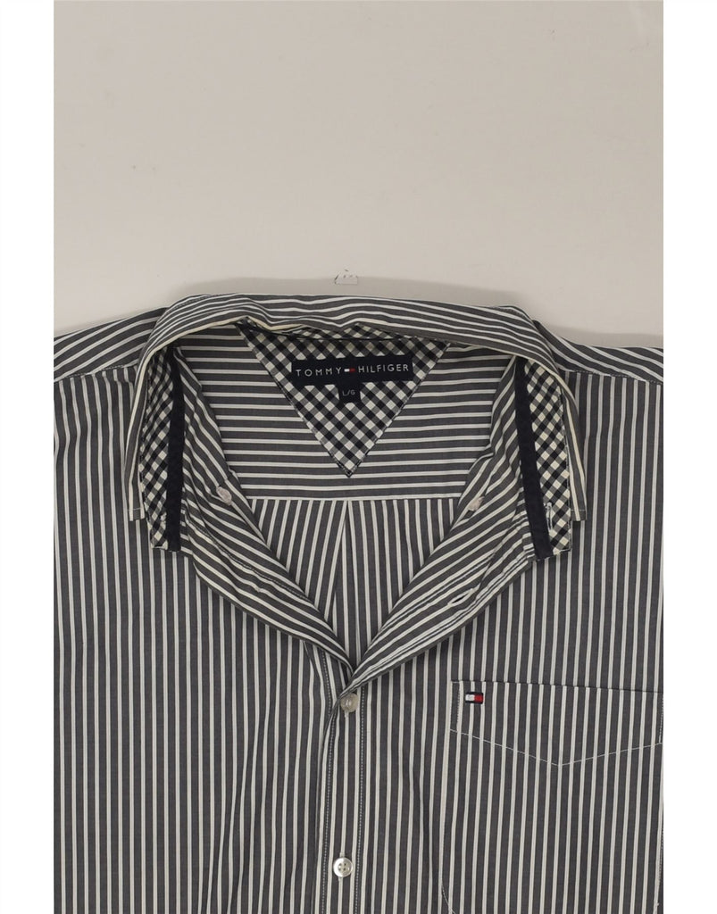 TOMMY HILFIGER Mens Shirt Large Navy Blue Striped Cotton | Vintage Tommy Hilfiger | Thrift | Second-Hand Tommy Hilfiger | Used Clothing | Messina Hembry 