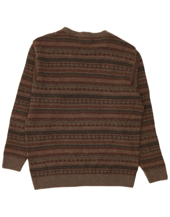 L.L.Bean Mens Boat Neck Jumper Sweater Medium Khaki Fair Isle Lambswool
