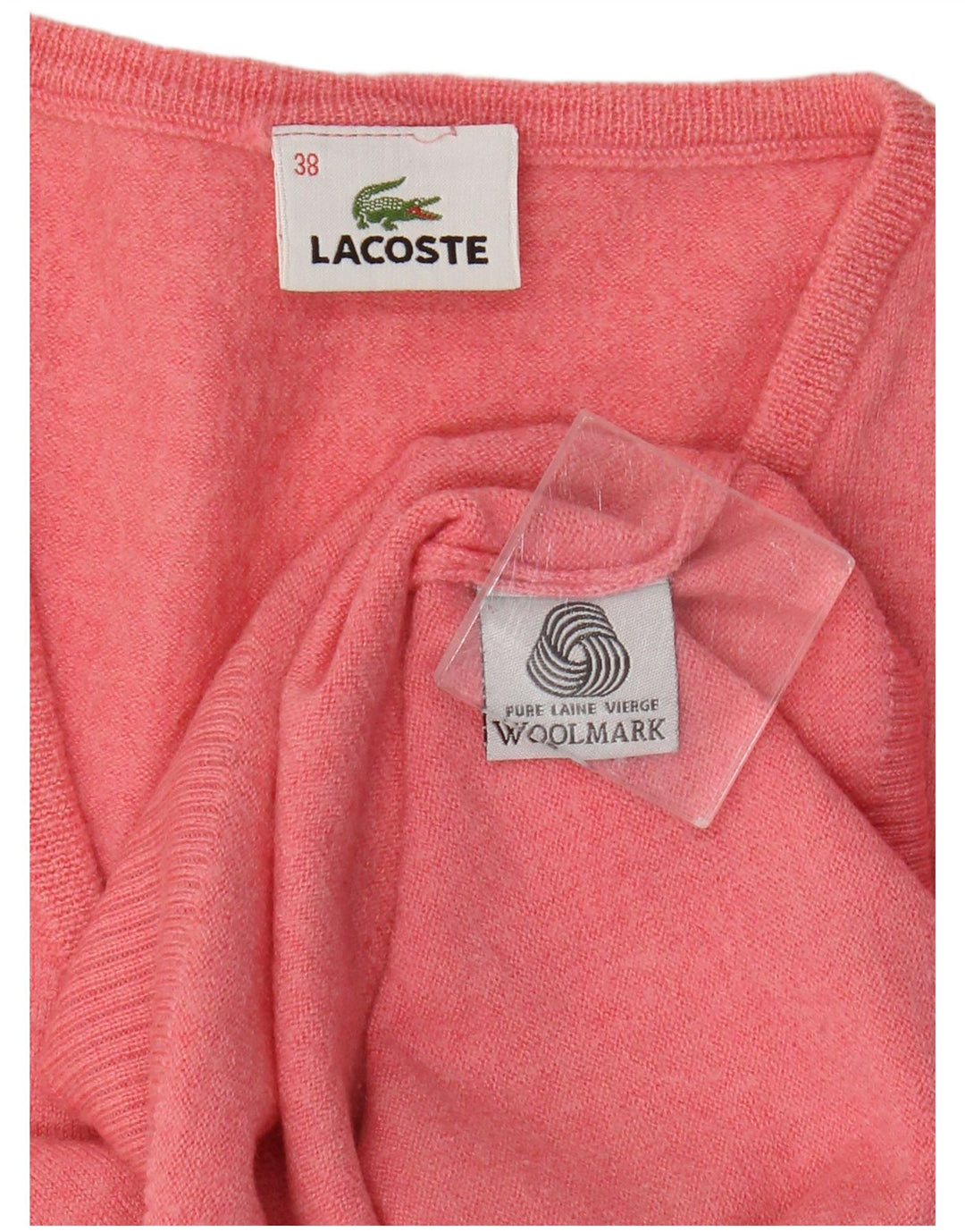 Lacoste Womens V-Neck Jumper Sweater Size 38 Medium Pink Virgin Wool