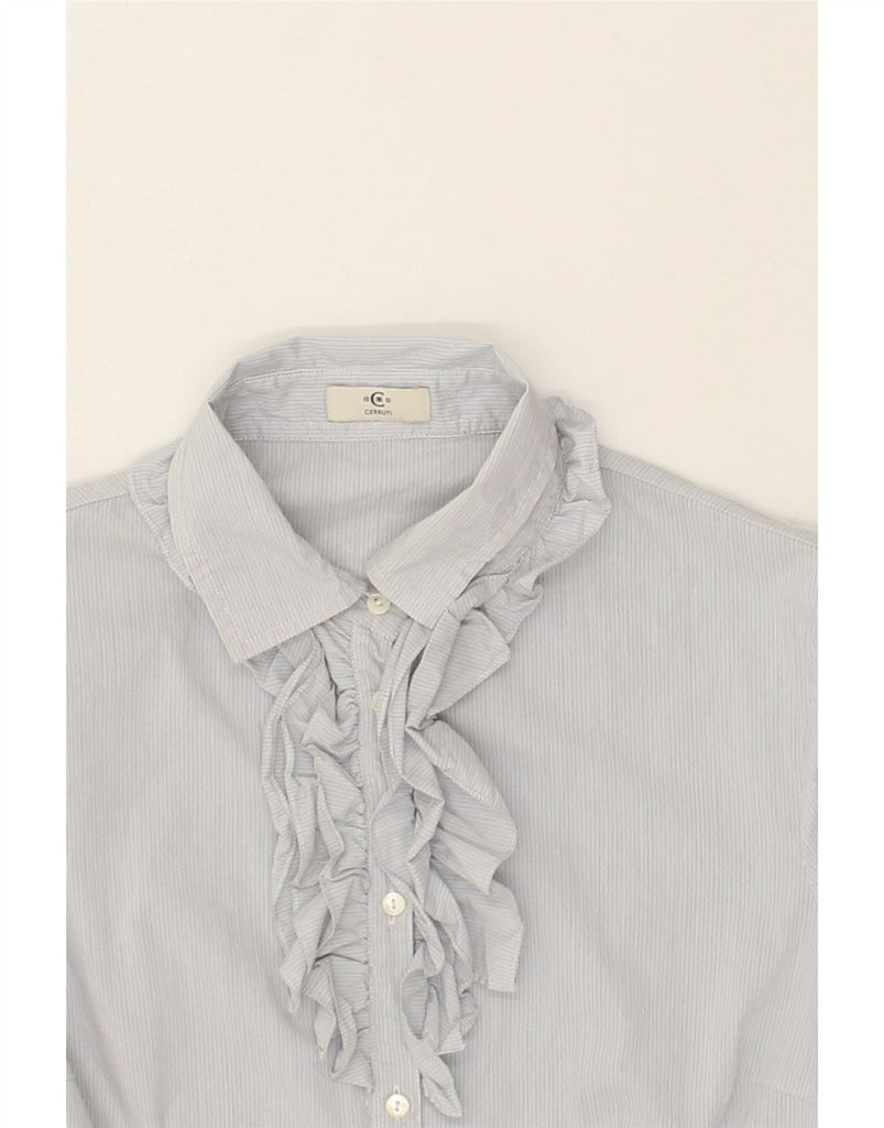 CERRUTI 1881 Womens Ruffle Front Shirt UK 12 Medium Grey Cotton | Vintage Cerruti 1881 | Thrift | Second-Hand Cerruti 1881 | Used Clothing | Messina Hembry 