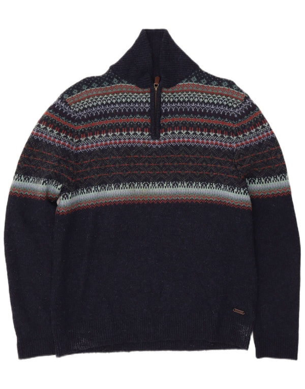 White Stuff Mens Polo Neck Jumper Sweater Large Navy Blue Fair Isle Wool