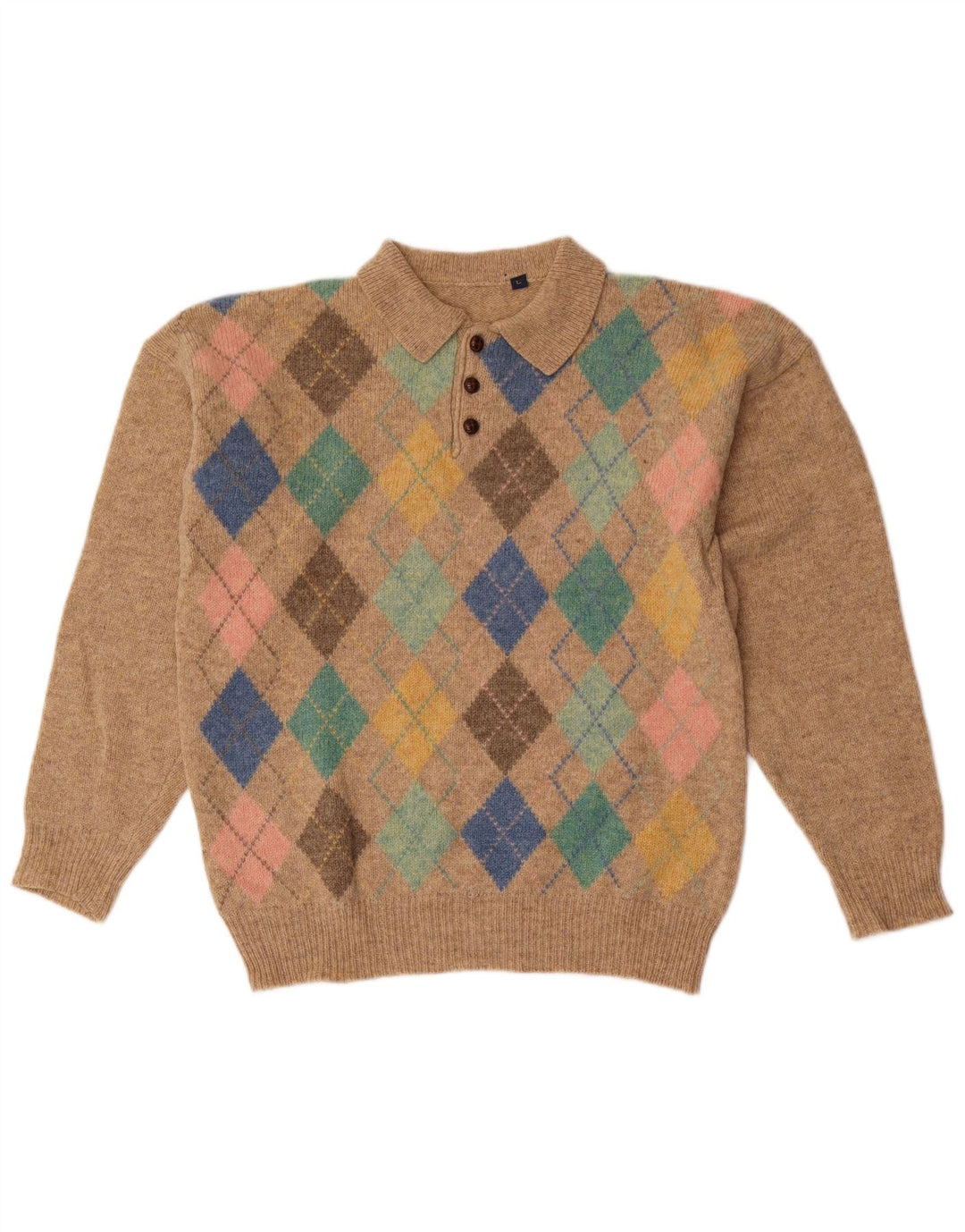 Vintage Mens Polo Neck Jumper Sweater Large Beige Argyle/Diamond Wool