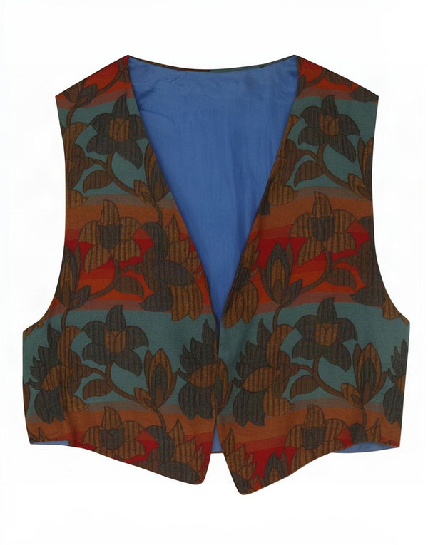 Vintage Womens OPEN Waistcoat UK 12 Medium Brown Floral