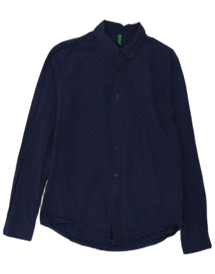 BENETTON Mens Shirt Large Navy Blue Spotted Cotton