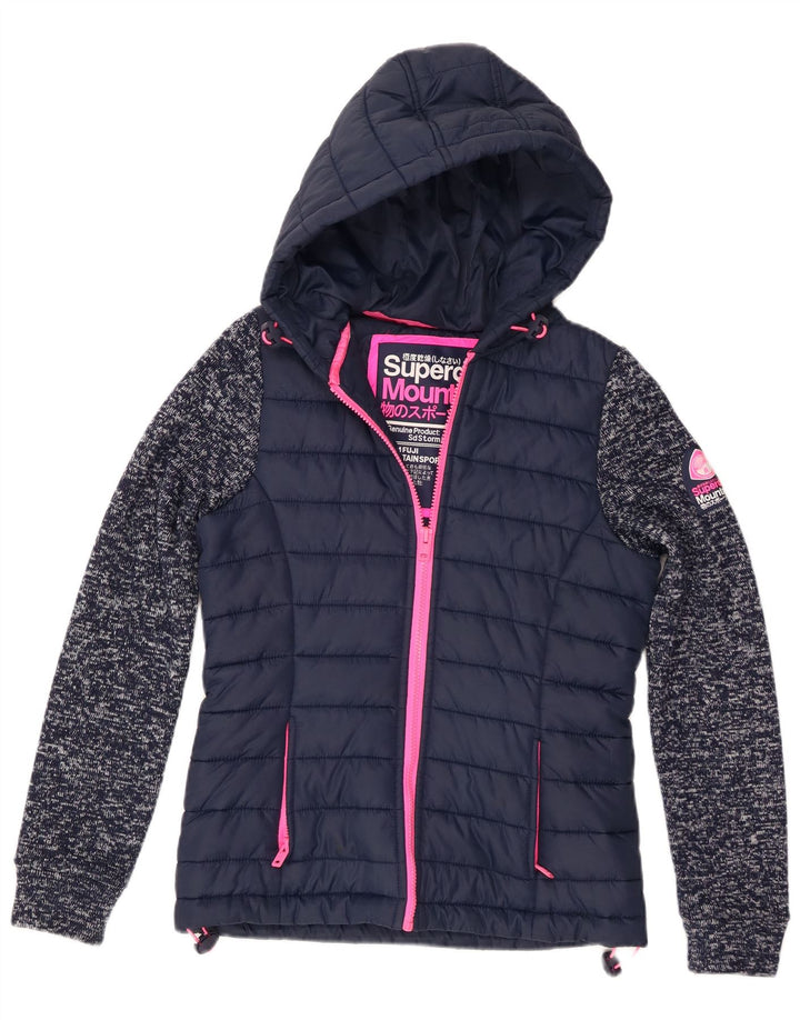 Superdry Womens Hooded Padded Jacket UK 8 Small Navy Blue Flecked Polyester