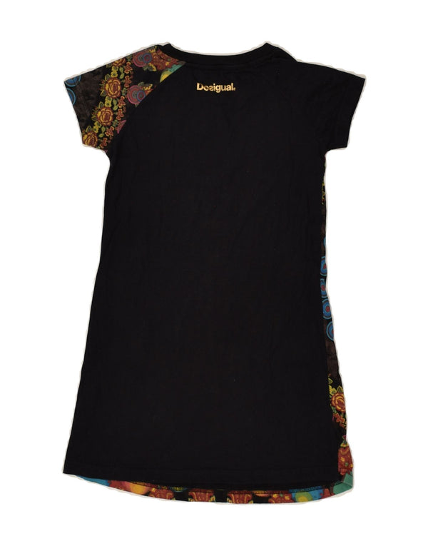 DESIGUAL Girls Graphic T-Shirt Dress 7-8 Years Black Floral Cotton