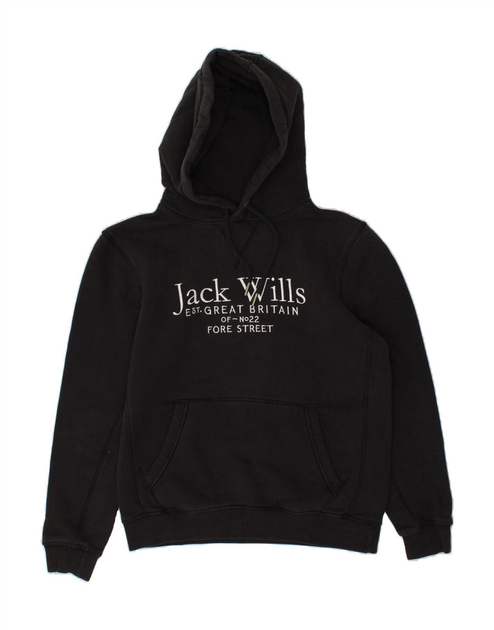 JACK WILLS Mens Graphic Hoodie Jumper Small Black Cotton Vintage Jack Wills and Second-Hand Jack Wills from Messina Hembry 