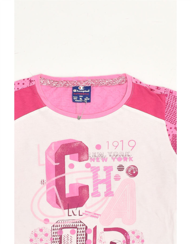 CHAMPION Girls Graphic T-Shirt Top 13-14 Years XL  Pink Colourblock Cotton | Vintage Champion | Thrift | Second-Hand Champion | Used Clothing | Messina Hembry 