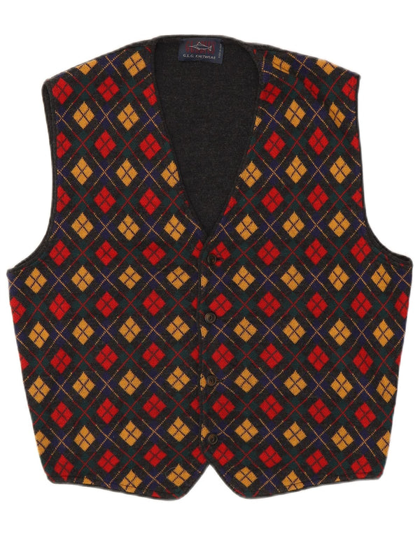 Vintage Mens Geometrical Knit Waistcoat Large Grey Argyle/Diamond Wool