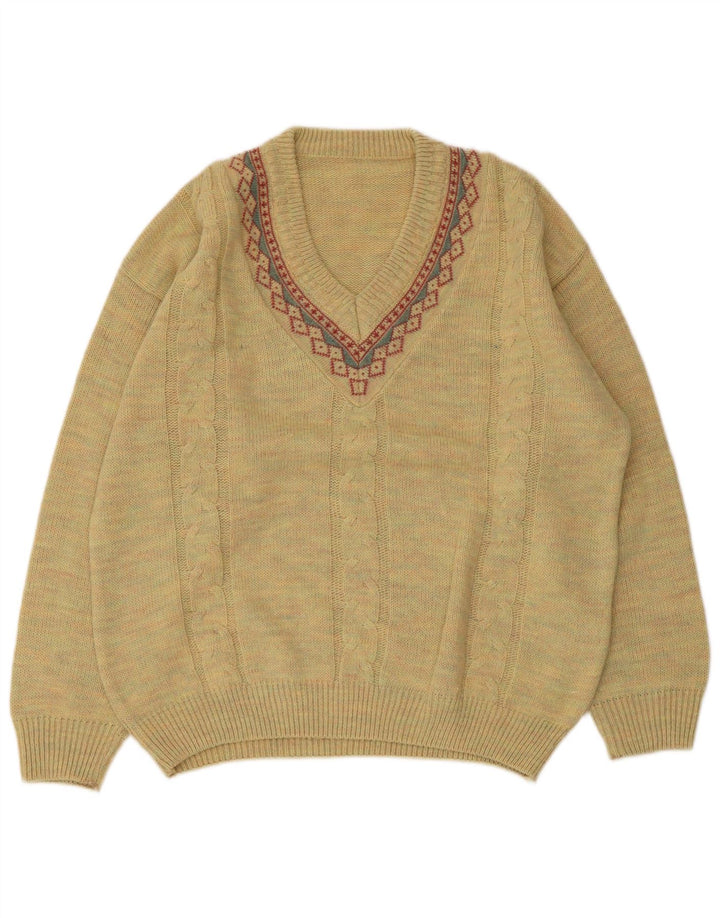 Vintage Mens V-Neck Jumper Sweater Large Yellow Geometric Wool