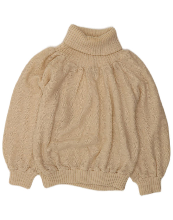 Vintage Womens Roll Neck Jumper Sweater UK 10 Small Beige Argyle/Diamond