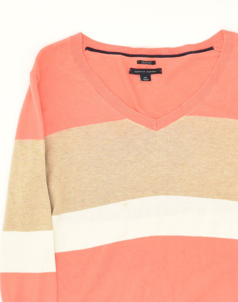 TOMMY HILFIGER Womens V-Neck Jumper Sweater UK 8 Small Pink Colourblock | Vintage Tommy Hilfiger | Thrift | Second-Hand Tommy Hilfiger | Used Clothing | Messina Hembry 