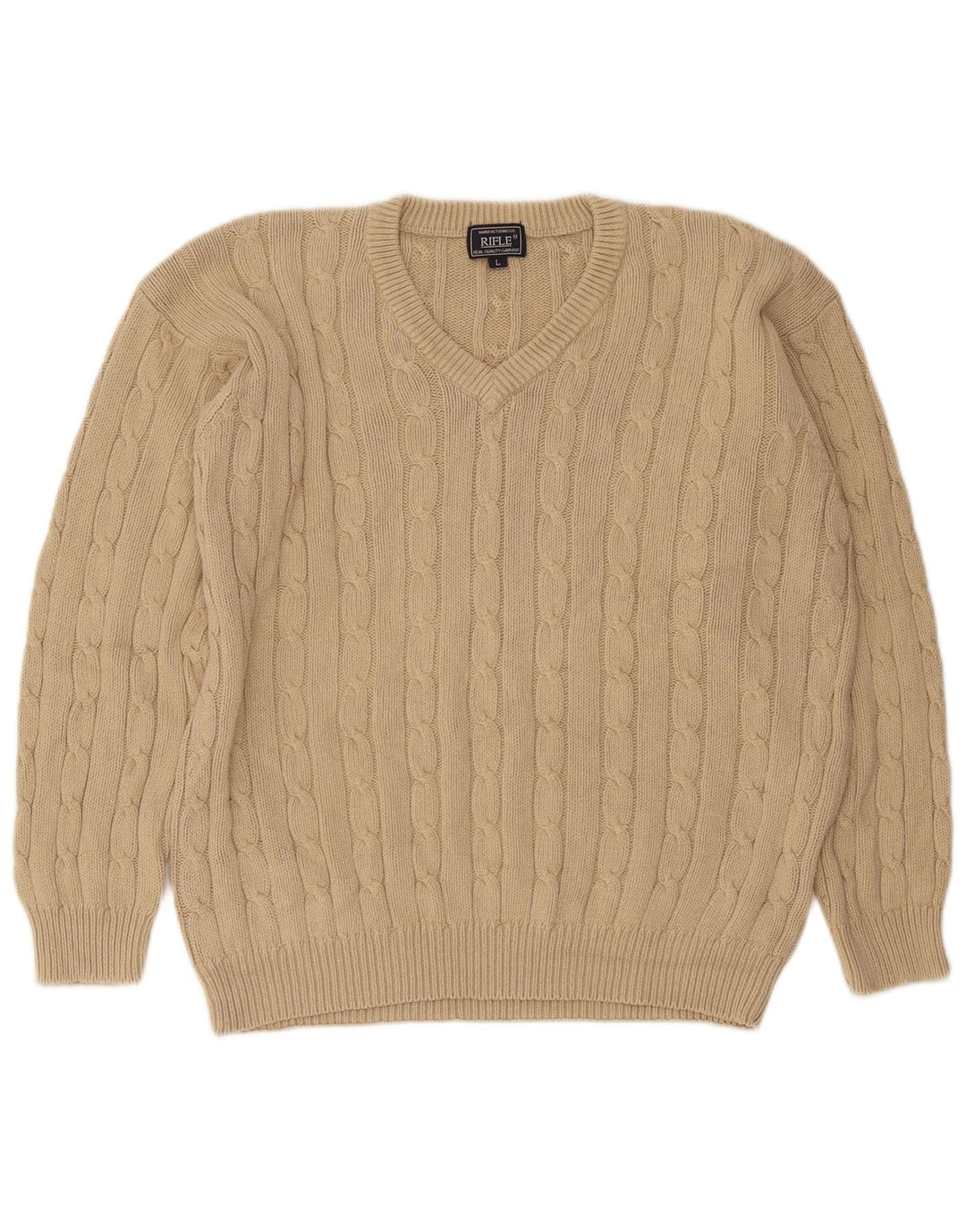 Rifle Mens V-Neck Jumper Sweater Large Beige Cotton