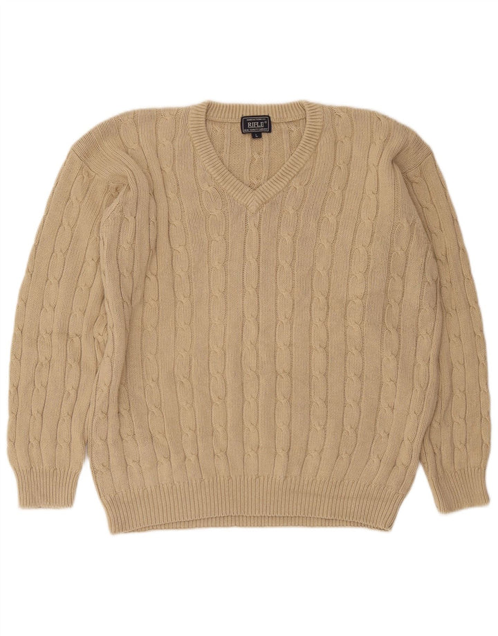 Rifle Mens V-Neck Jumper Sweater Large Beige Cotton
