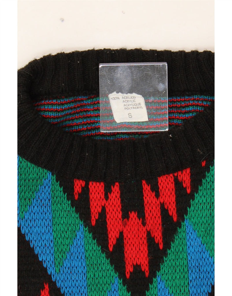 VINTAGE Mens Crew Neck Jumper Sweater Small Black Geometric Acrylic Vintage Vintage and Second-Hand Vintage from Messina Hembry 